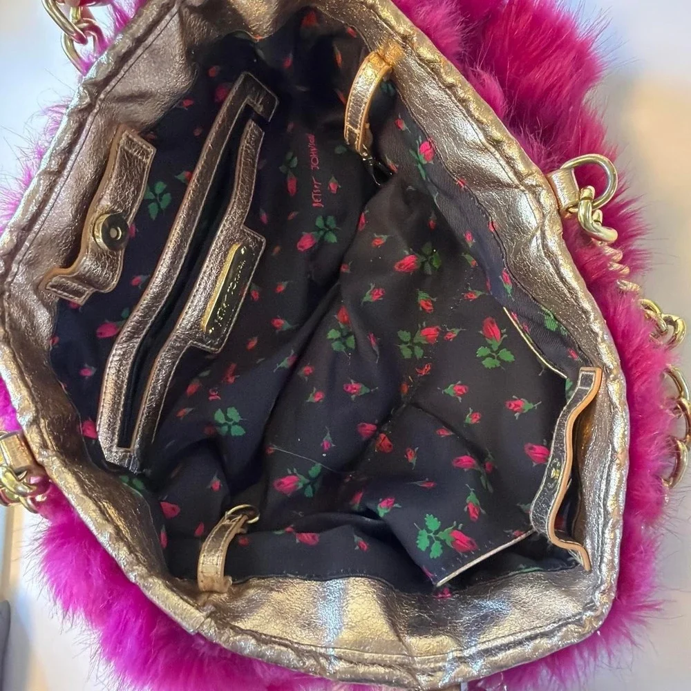 Betsey Johnson Hot Pink Faux Fur Gold Chain Large Tote Bag Y2K Mcbling
